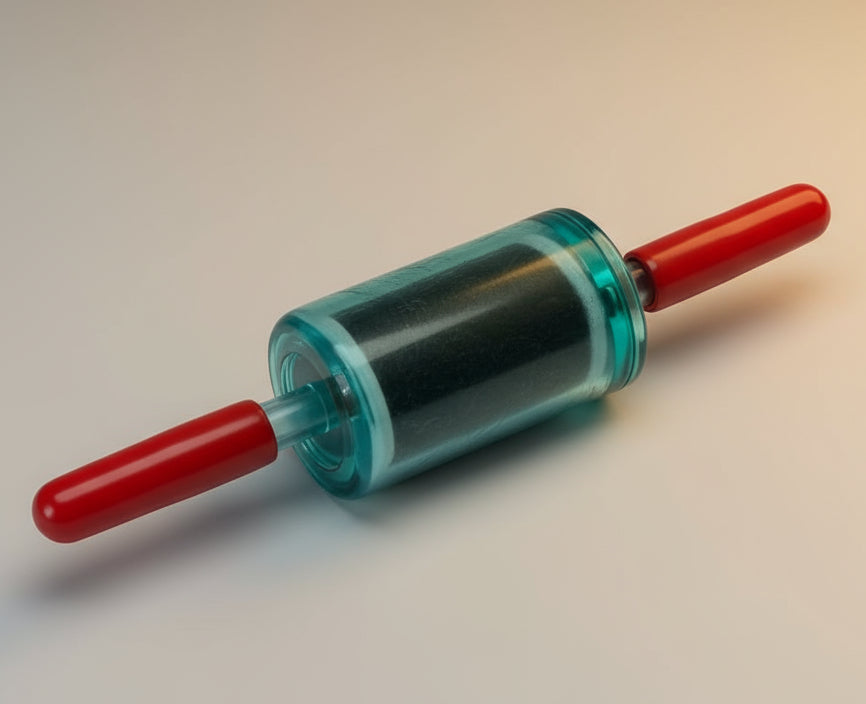 small plastic cylindrical freon filter with capped ends on tan background