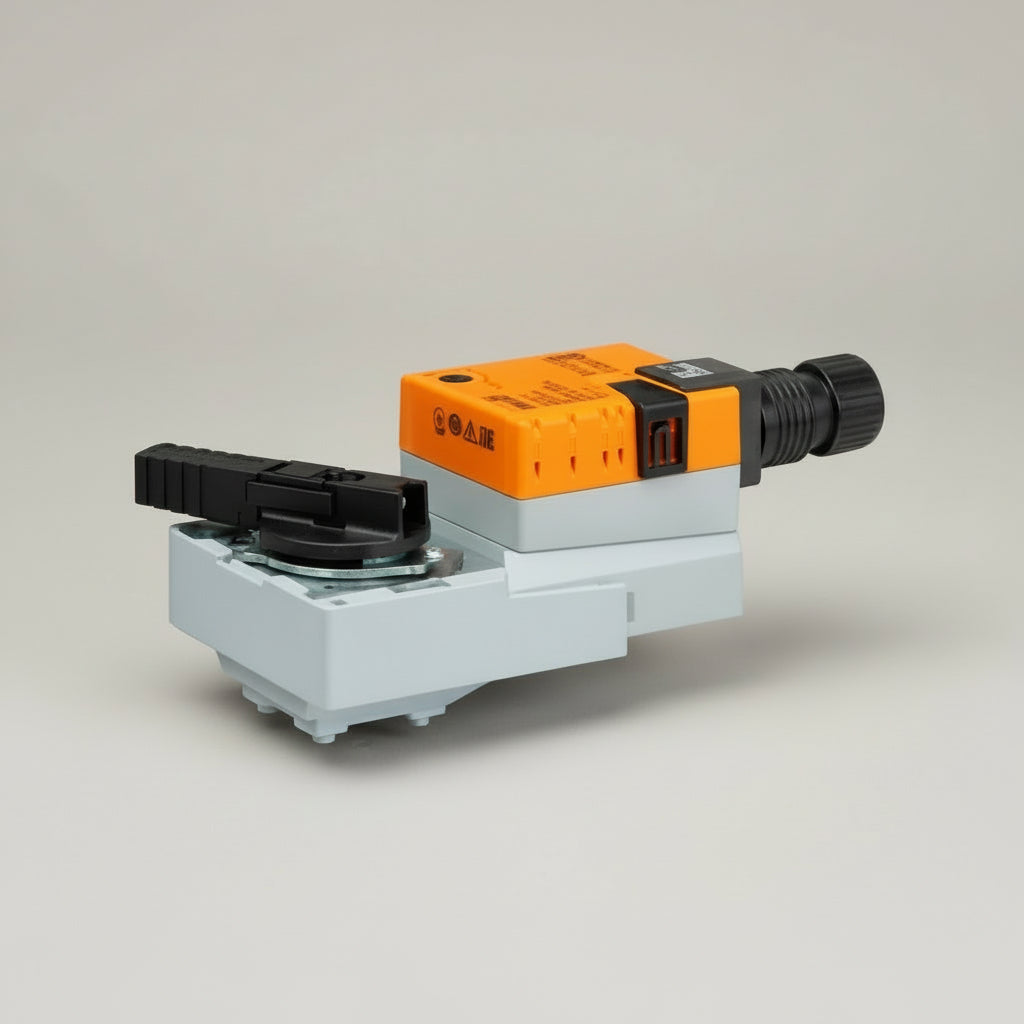 Electrical actuator with orange and black design on a white background