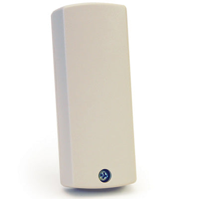 White rectangular device with a blue button on a white background