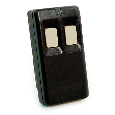 Black remote control with two buttons on a white background