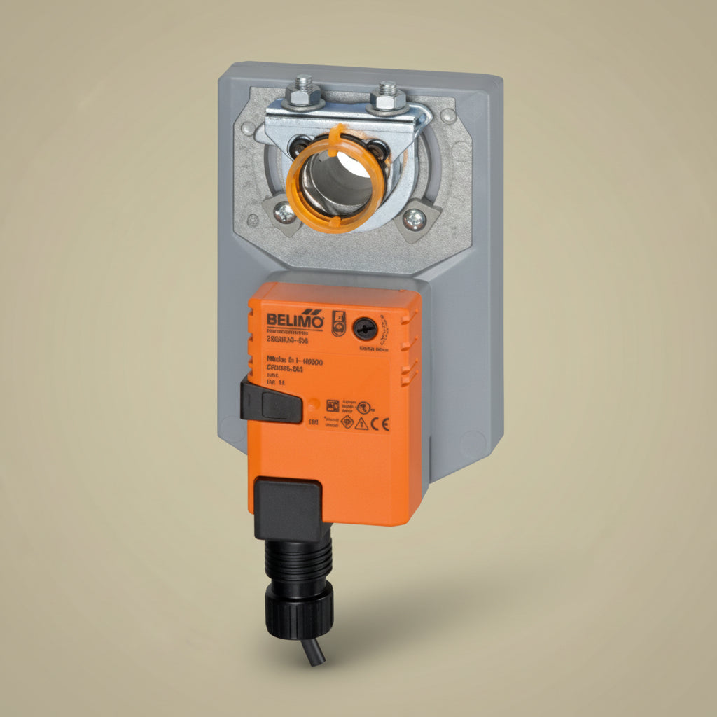 Mechanical component with orange label on a white background