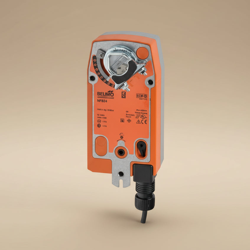 Orange electrical actuator with visible branding on a white background