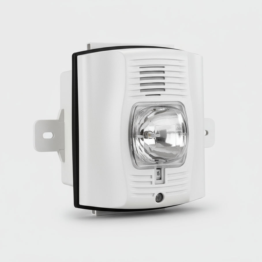 outdoor horn strobe marker light with clear lens on a white background