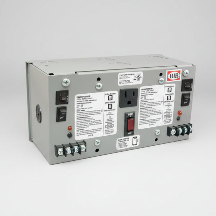 Electrical panel with various switches and labels on a white background