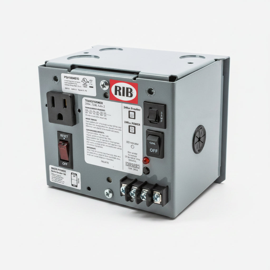 Electrical transformer with multiple outlets and switches on a white background