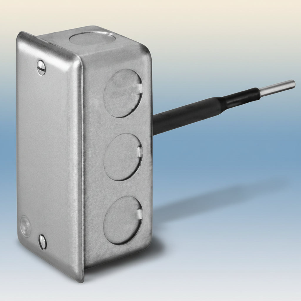 Metallic sensor device with a cable on a white background
