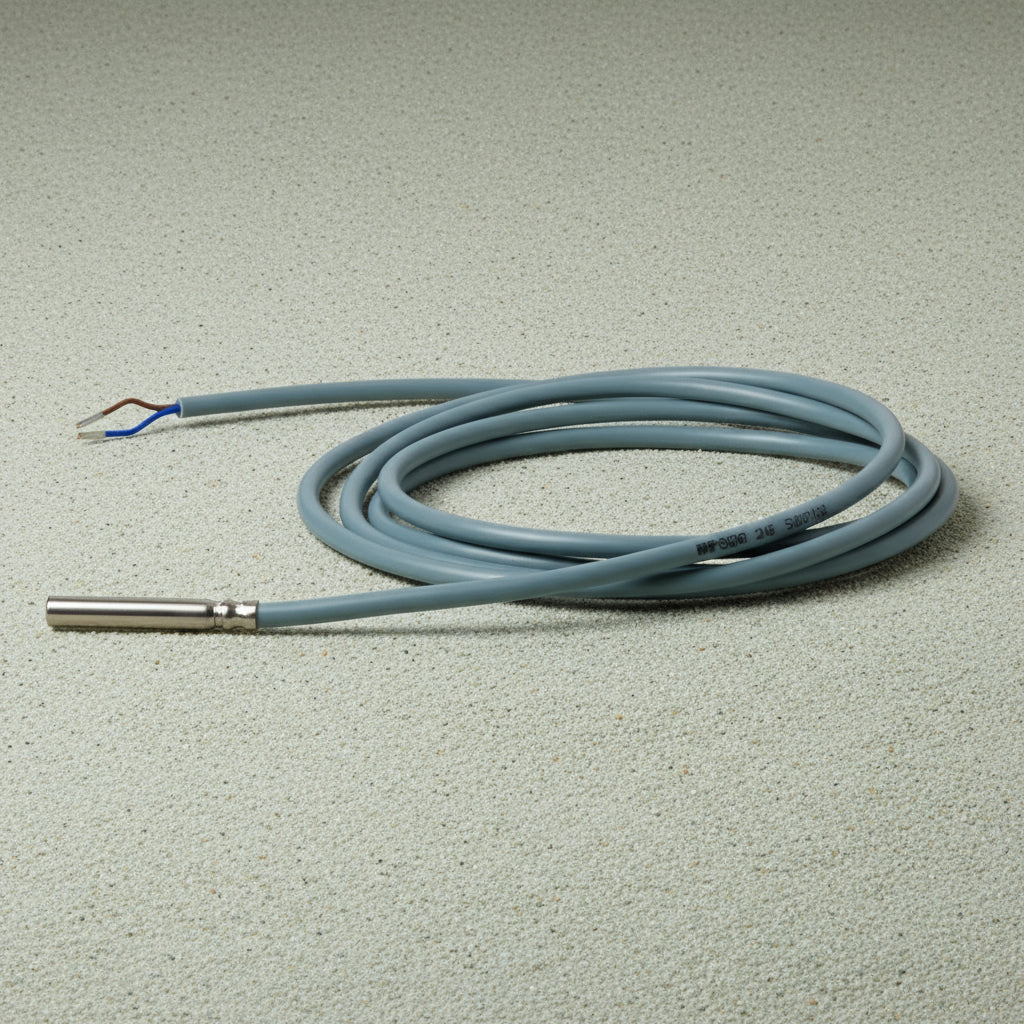 Coiled cable with a metal connector on a white background