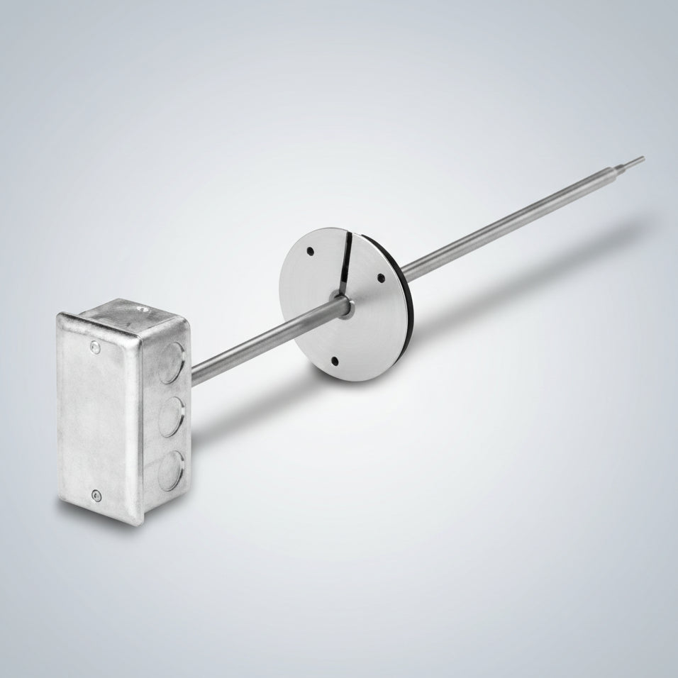Silver probe and junction box on a white background