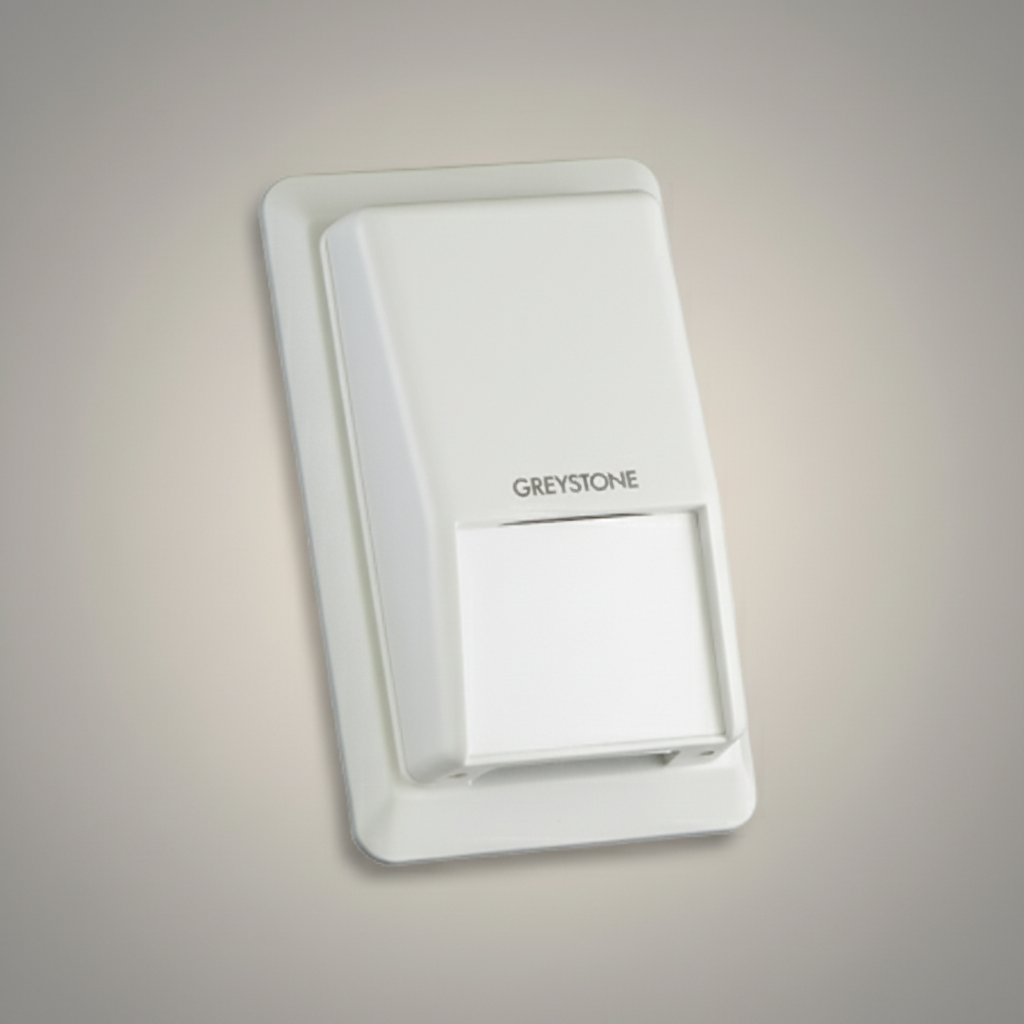 White wall sensor with 'Greystone' branding on a gradient background