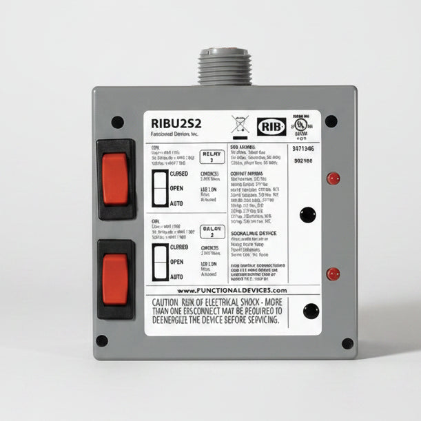 enclosed relay with wiring and labels on a white background