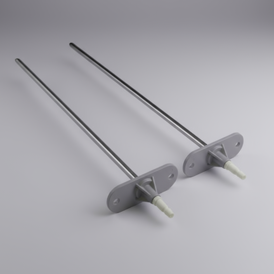 Two metal rods with attached brackets on a gray background