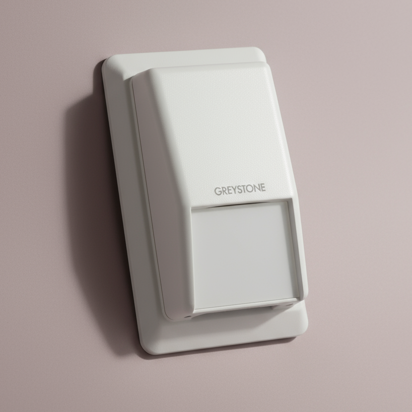 White wall sensor with 'Greystone' branding on a gray background