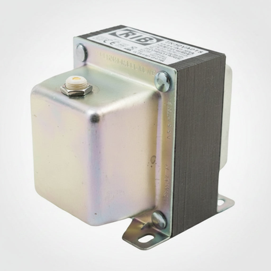 Rectangular metal component with a label on a white background