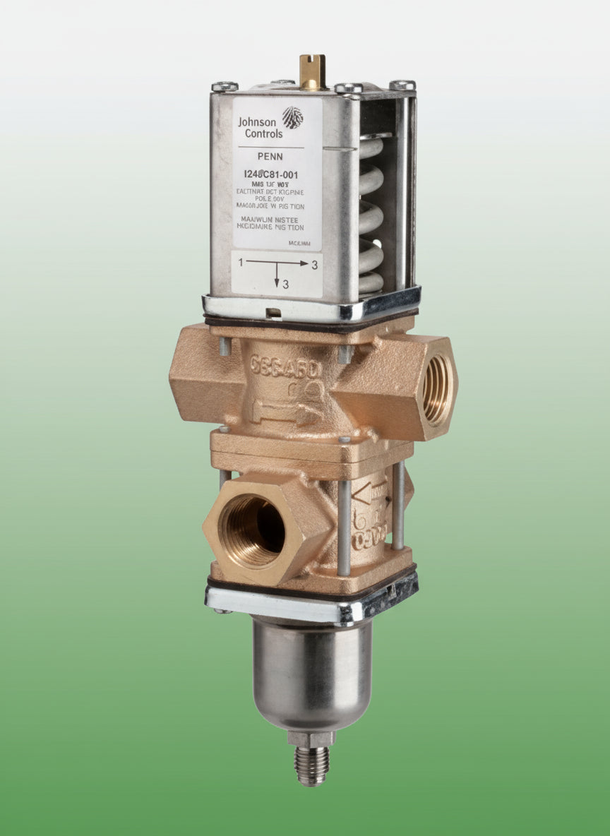 Brass valve with Johnson Controls logo on a white background