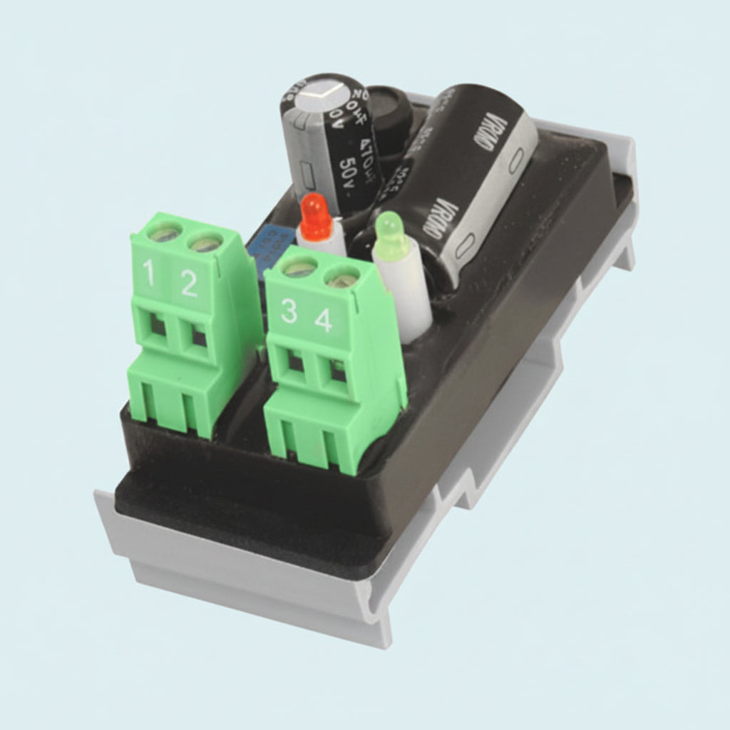 Electrical component with green terminal blocks and black and white capacitors on a gray background