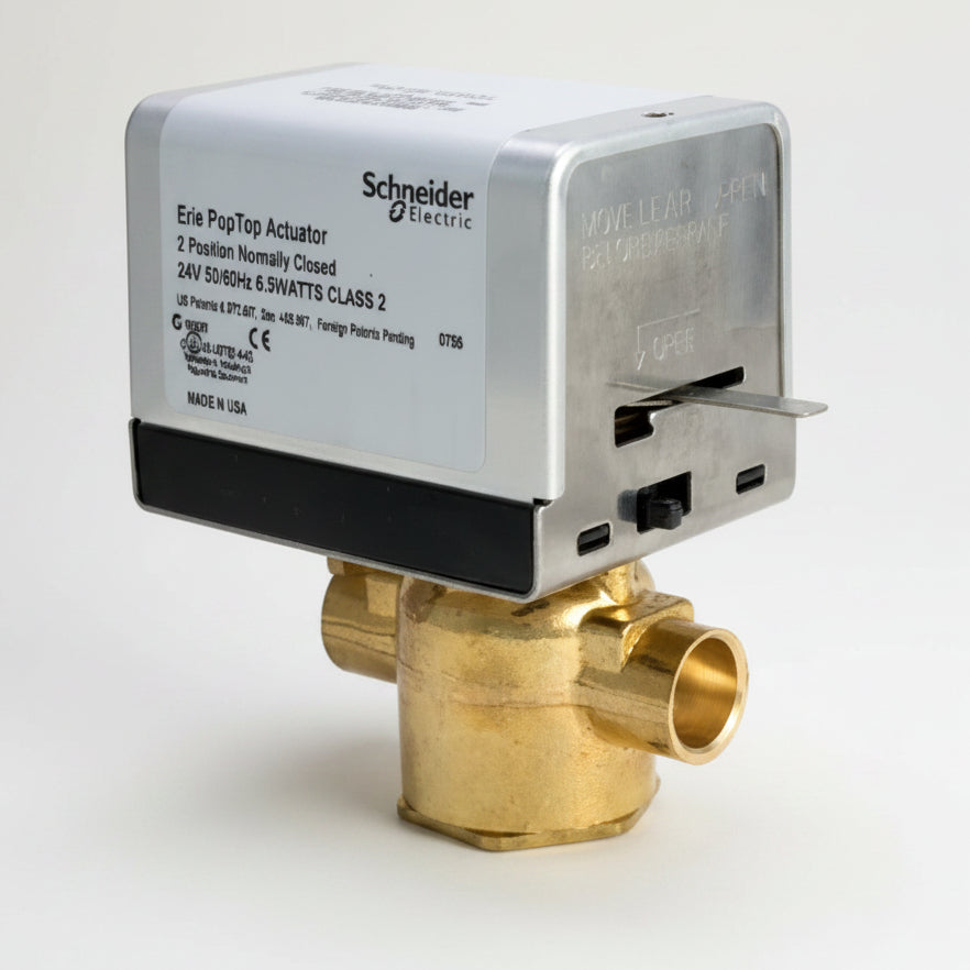 Schneider Electric valve actuator with brass connection on a white