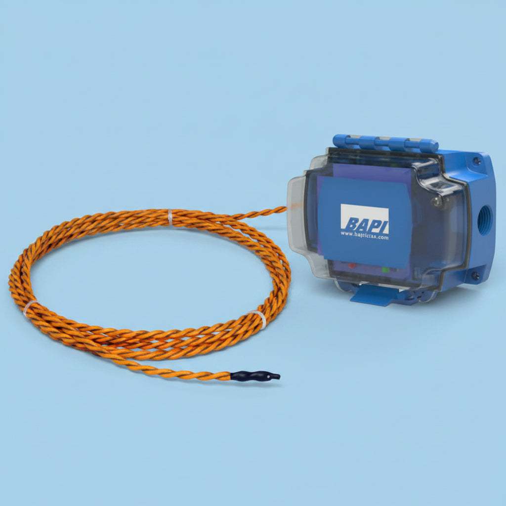 Blue electrical component with orange cable on a white background