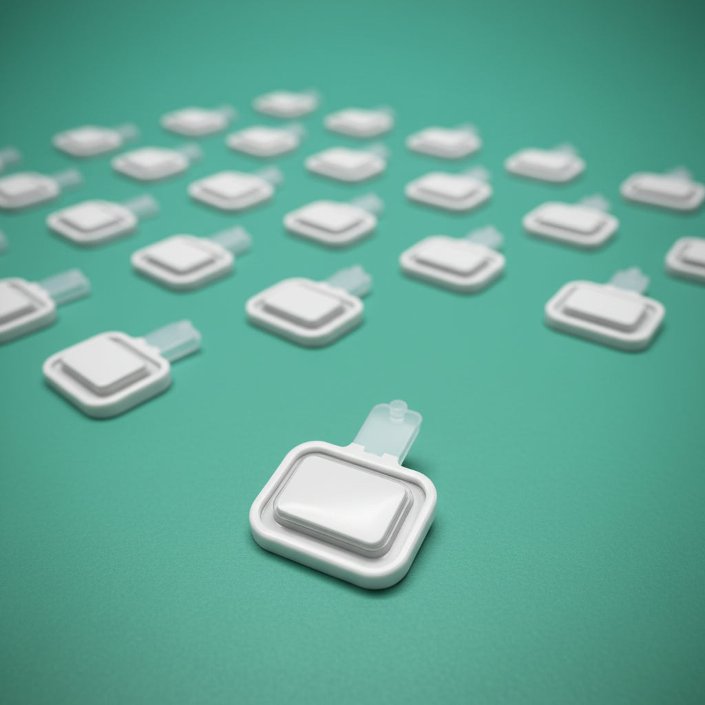 White square button with blue clip on a green textured background
