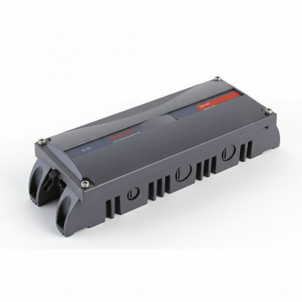 Gray electronic device with red accents on a white background