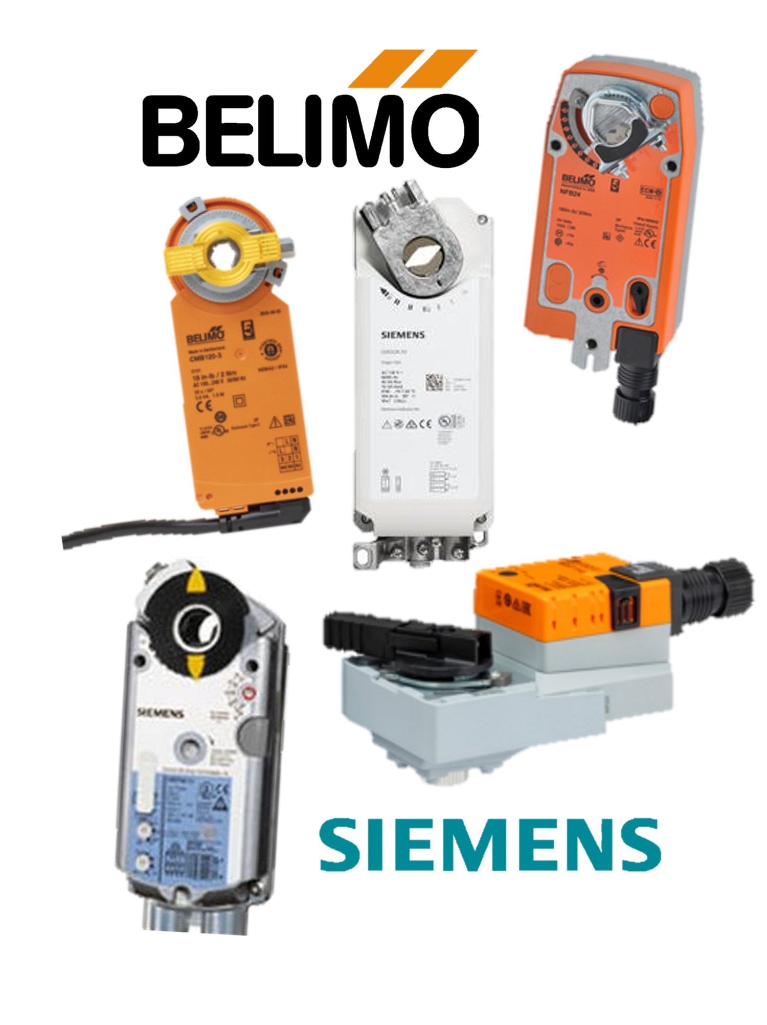 electronic damper actuator models with the Belimo and Siemens logos, on a white background