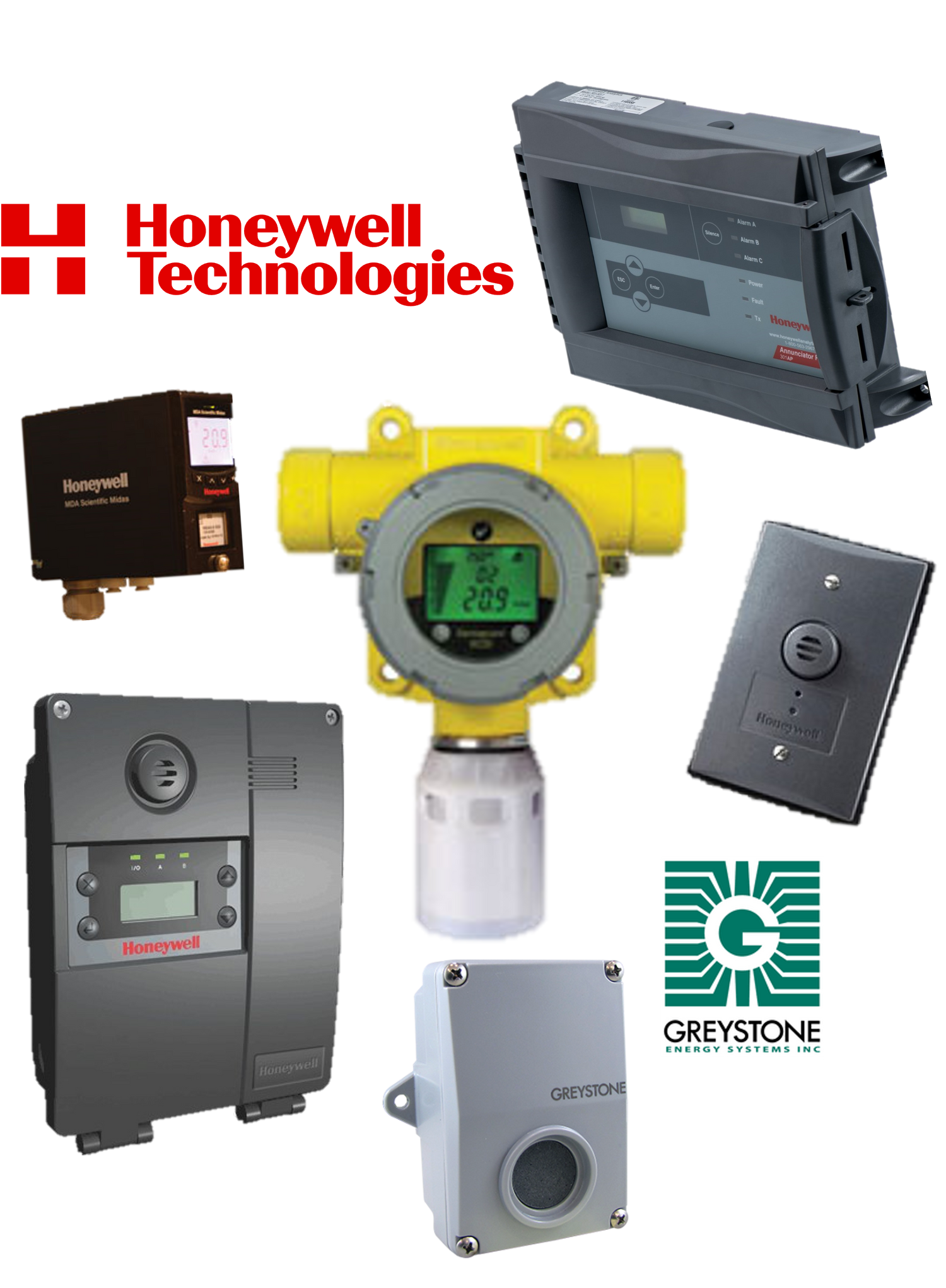 A collection of gas detection sensors and controllers with the Honeywell Analytics brand logo on a white background