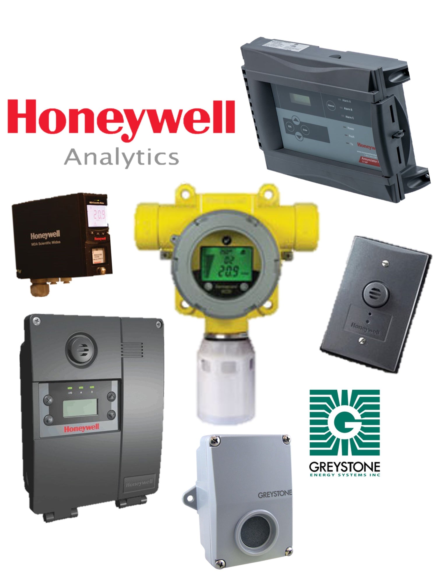 A collection of gas detection sensors and controllers with the Honeywell Analytics brand logo on a white background
