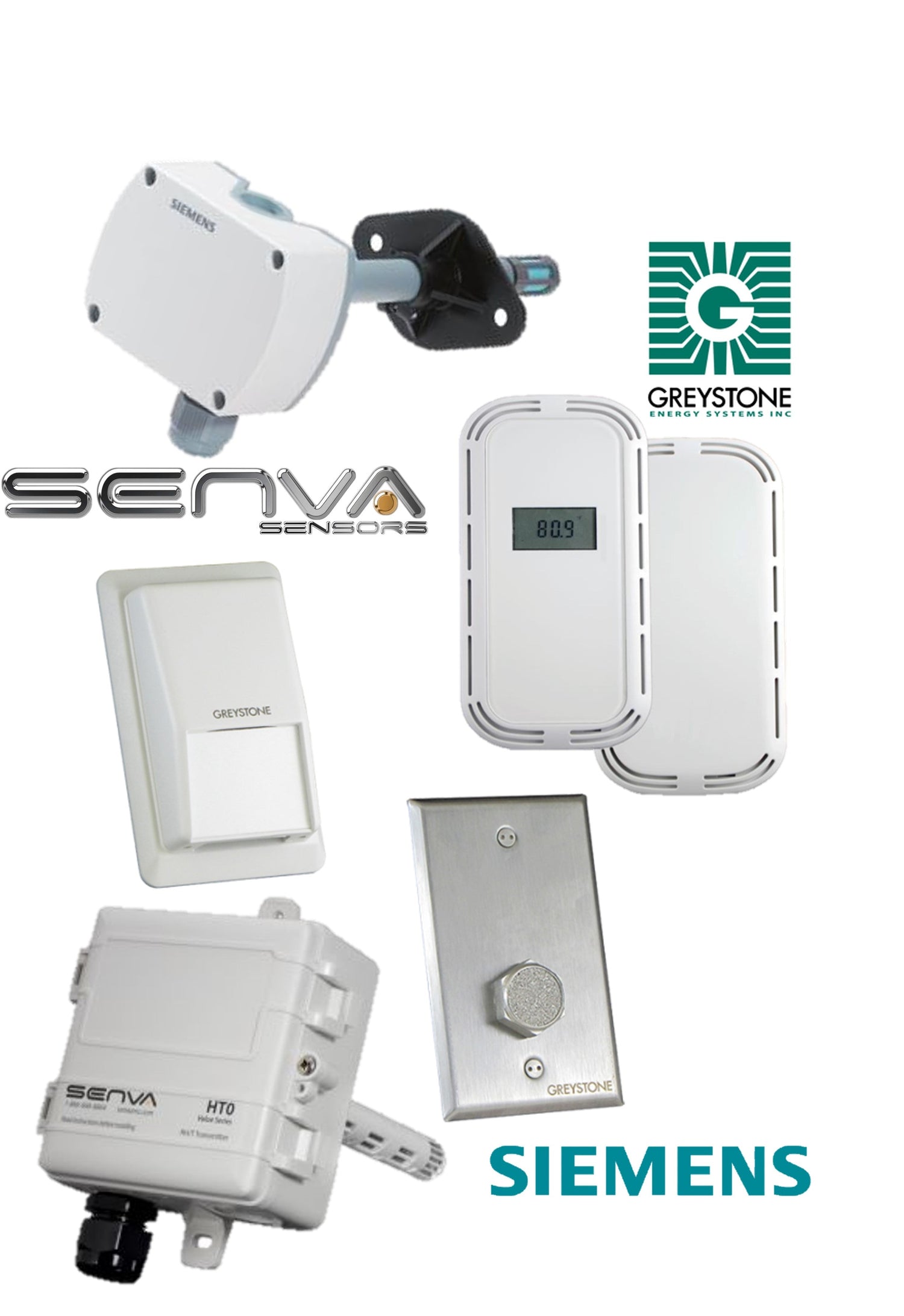 a collection of various HVAC humidity sensors, with the logos of 3 brands (Senva, Siemens and Greystone) on a white background