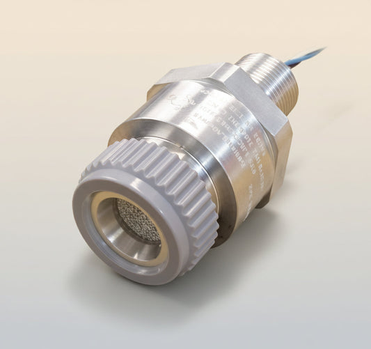 aluminum gas sensor with threaded end and wire on white background 