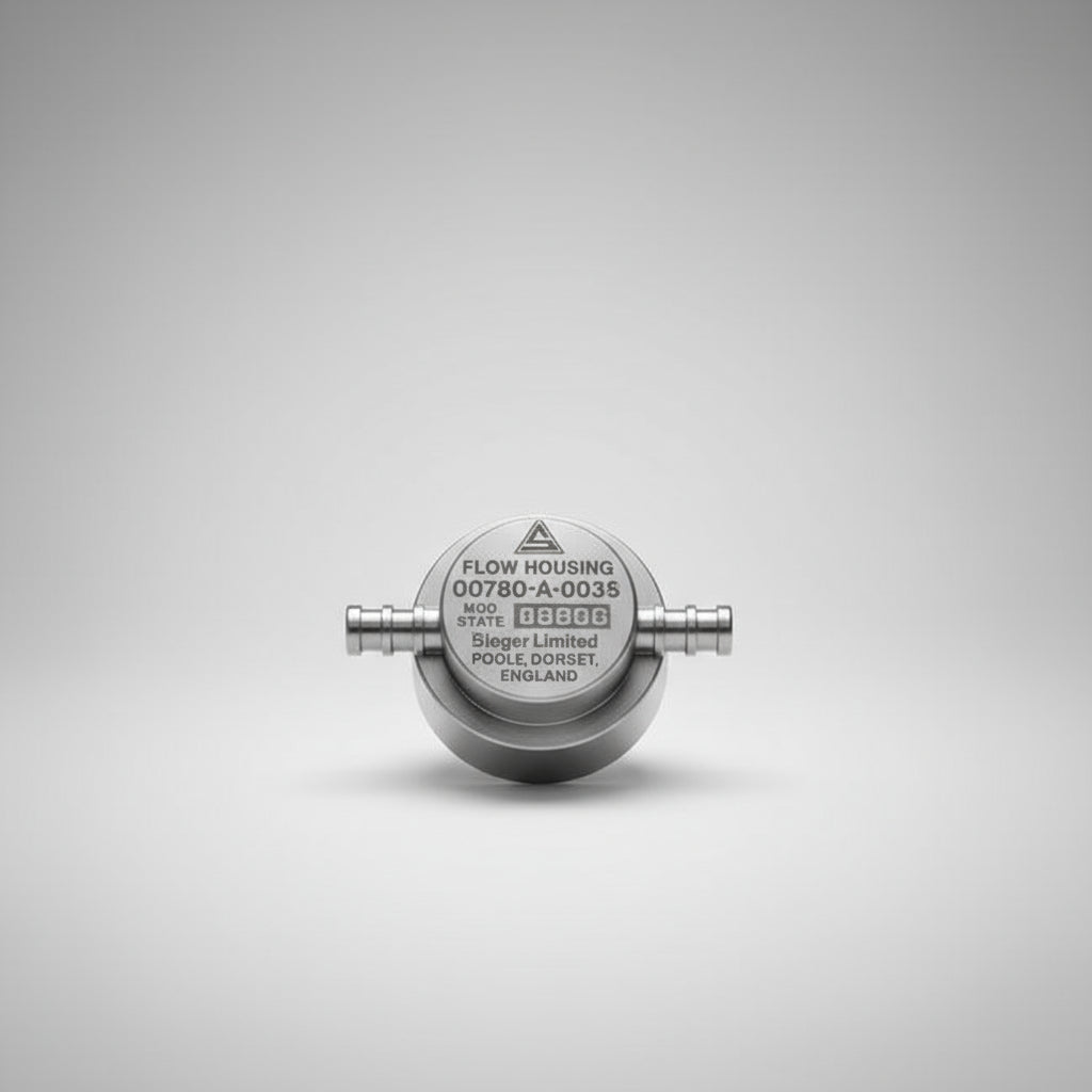 Flow housing component in clear packaging on a white background