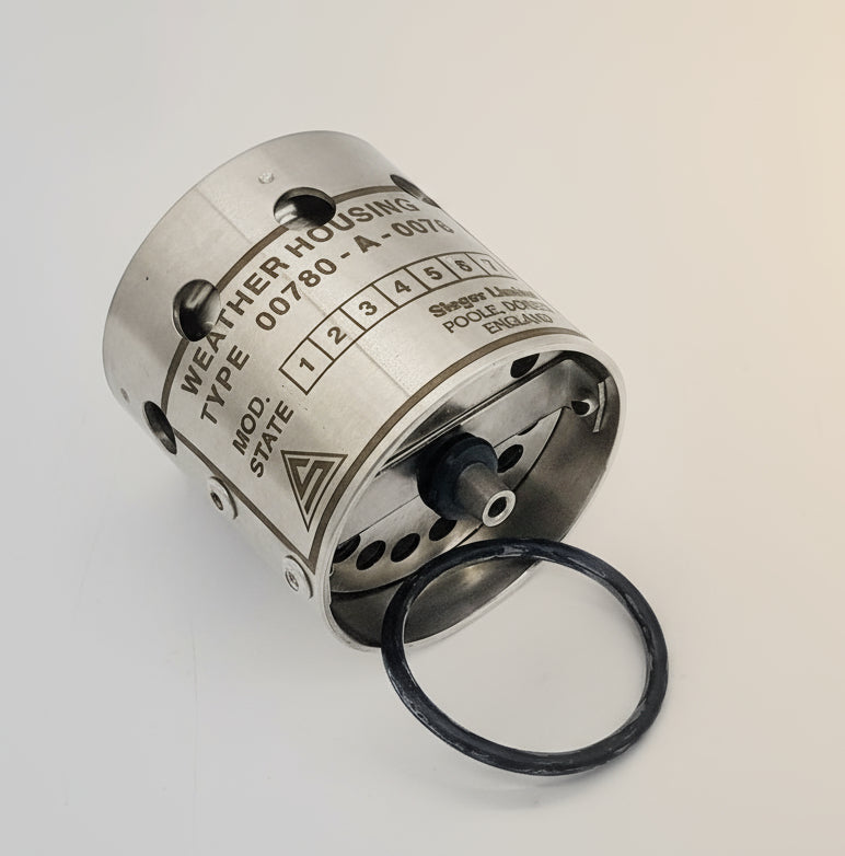 Metallic cylindrical component with text and a black ring on a white background