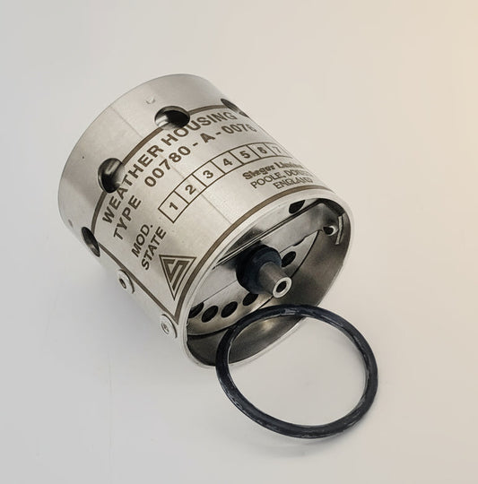Metallic cylindrical component with text and a black ring on a white background