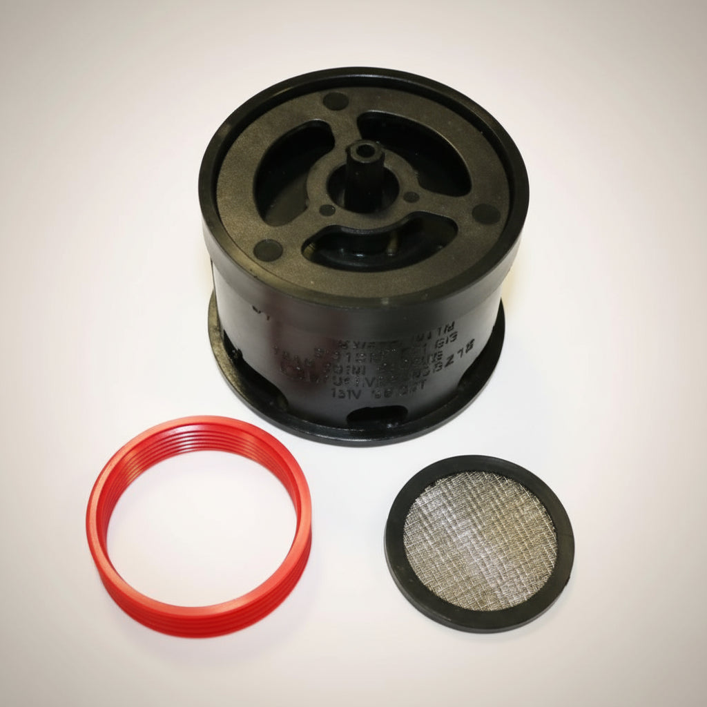 Black cylindrical filter with red gasket and metal screen on a white background