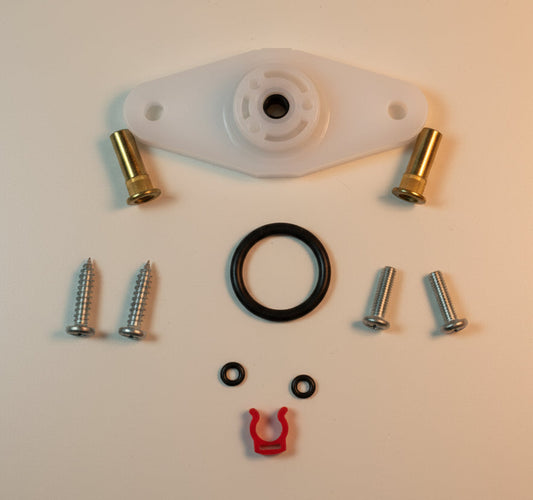 plastic adapter with O-rings and clips, connectors and screws on a white background