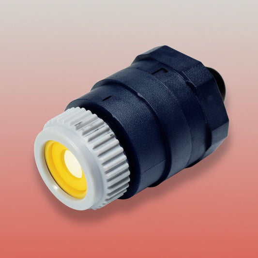 Black and gray cylindrical sensor on a white-pink background