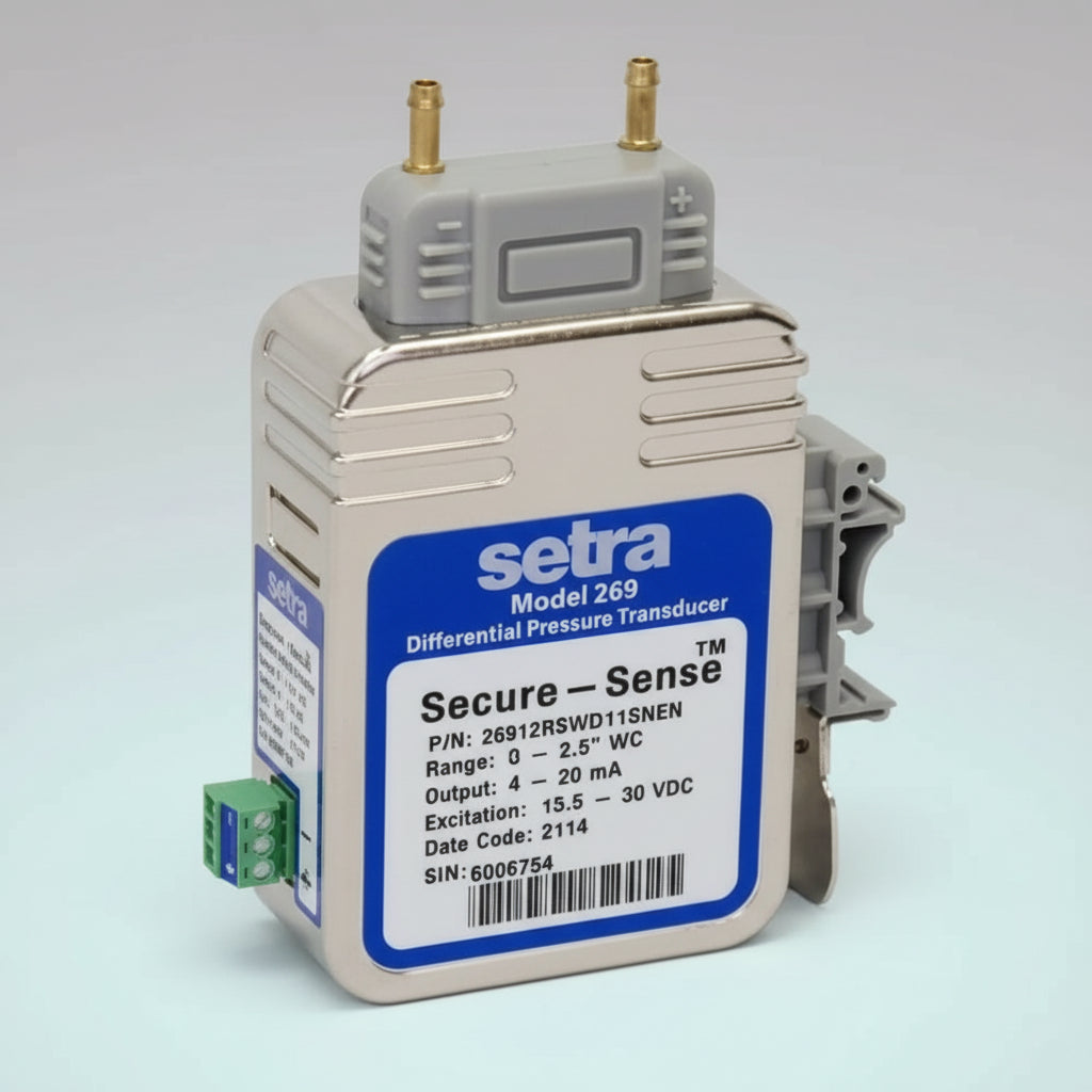 Setra differential pressure transducer on a white background