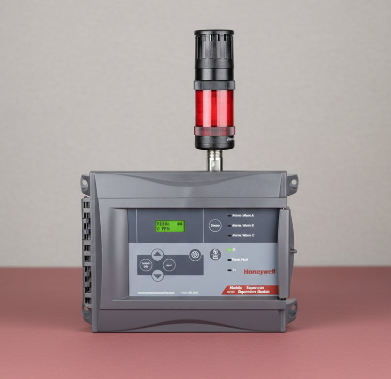 Honeywell industrial control panel with digital display and red indicator light on a white background