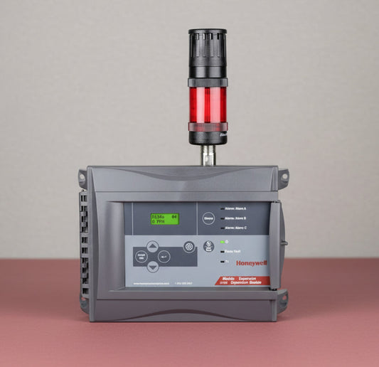 Honeywell industrial control panel with digital display and red indicator light on a white background
