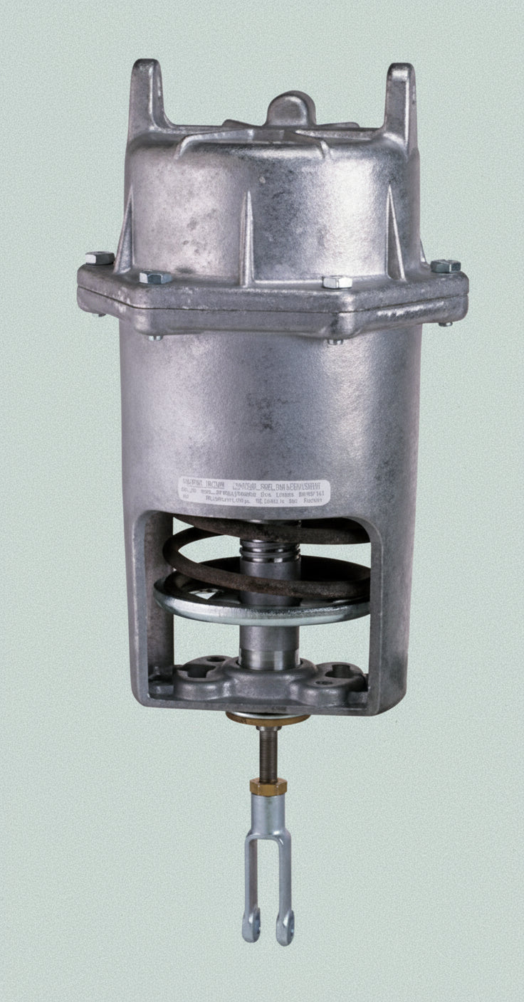 Metallic cylindrical component with mounting bracket on a white background