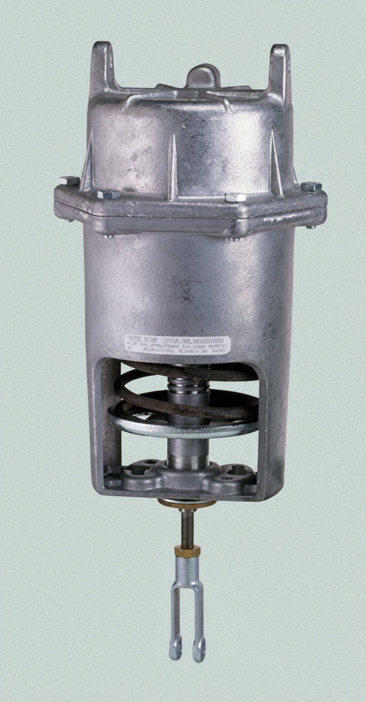 Metallic cylindrical component with mounting bracket on a white background