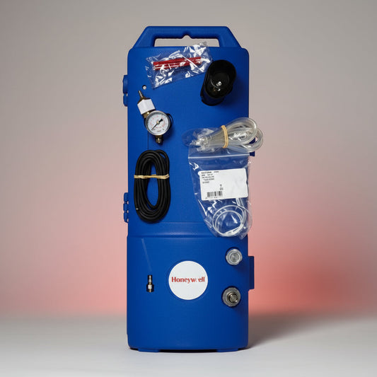 Blue carry box with gas detection devices, tubes and accessories on a white background