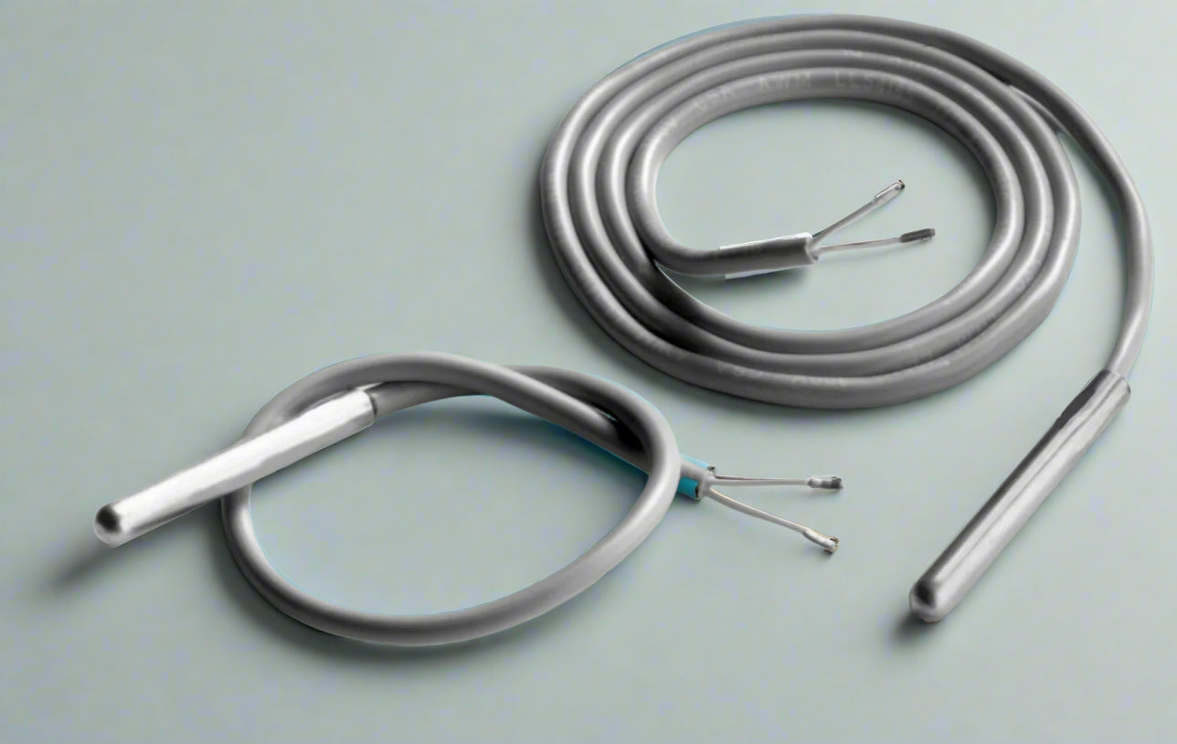 Coiled metal cable with connectors on a white background