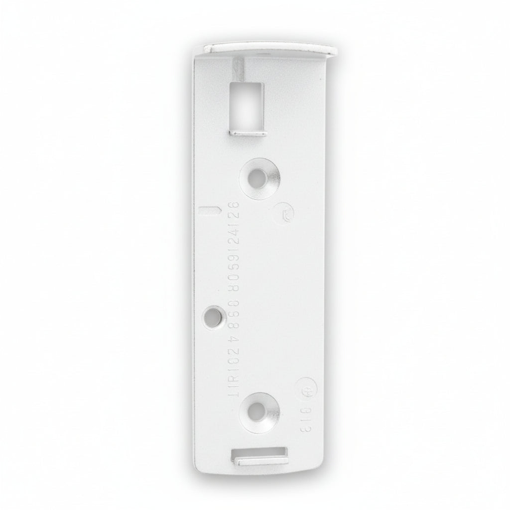 white metal bracket with multiple holes on a white background