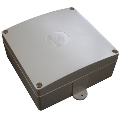 Gray plastic enclosure with a brand logo on a white background