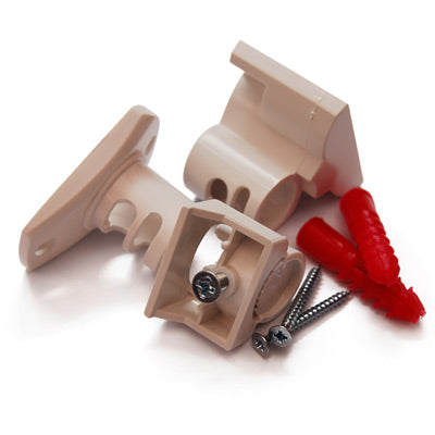 Beige plastic brackets with red connectors and screws on a white background