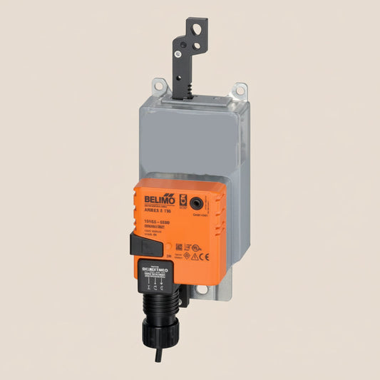 Electrical actuator with orange label on a white background