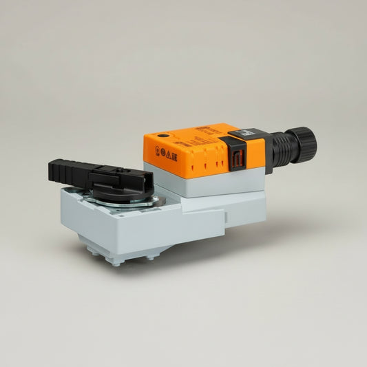 Electrical actuator with orange and black design on a white background