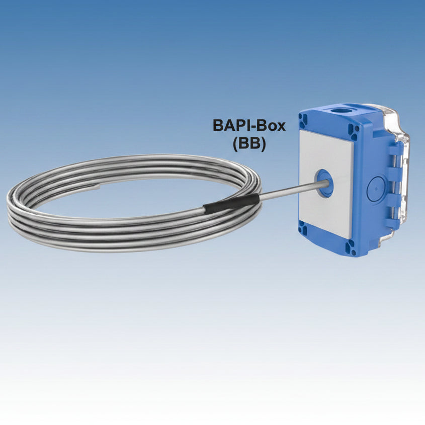 Blue and white BAPI-Box with cable on a white background