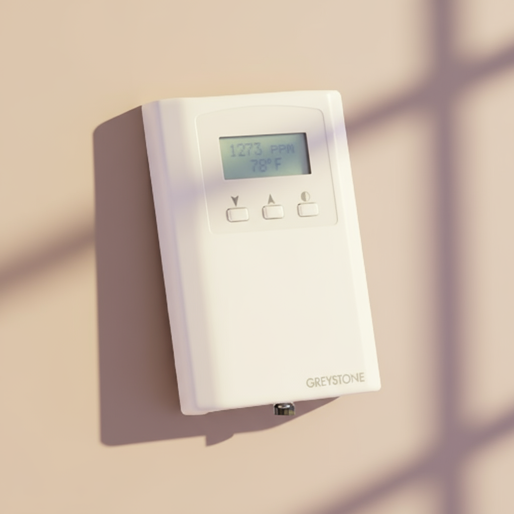 White electronic device with digital display and control buttons on a white background, branded 'Greystone'.