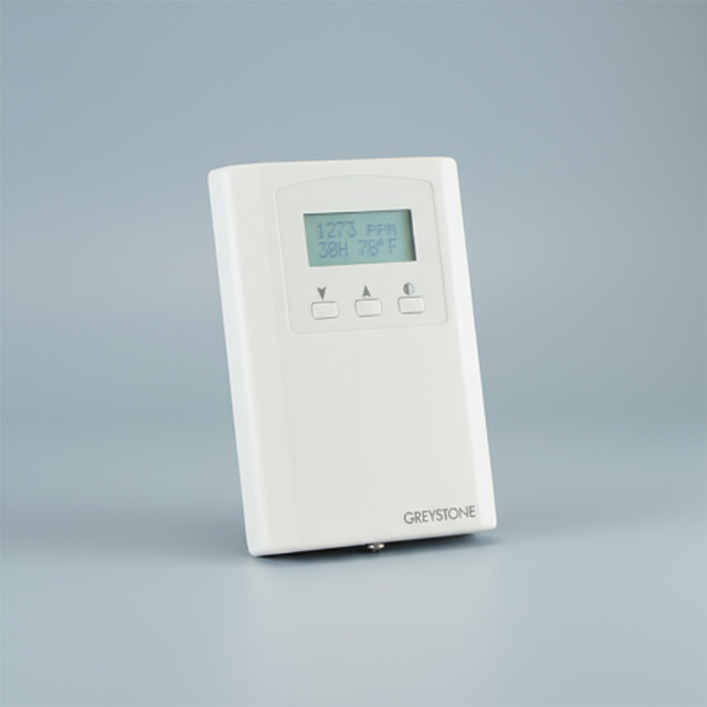White digital thermostat with display on a gray background