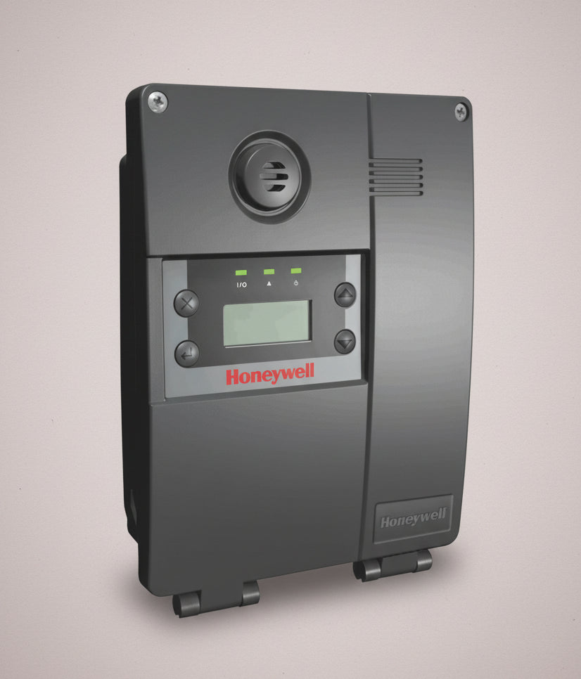 Honeywell control panel with digital display and various buttons on a gray background